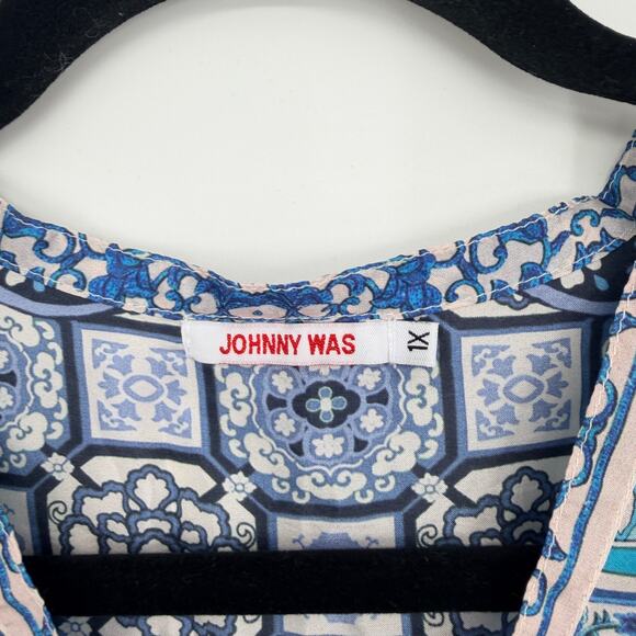 Johnny Was 100% Silk Boho Patchwork Print Roll Tab Sleeves Womens Plus Size 1X - Picture 5 of 9